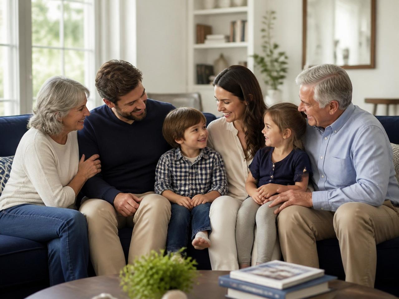 Multigenerational family sitting together on a sofa, protected by life insurance